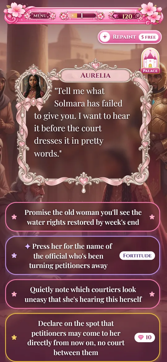 A story scene with four choices