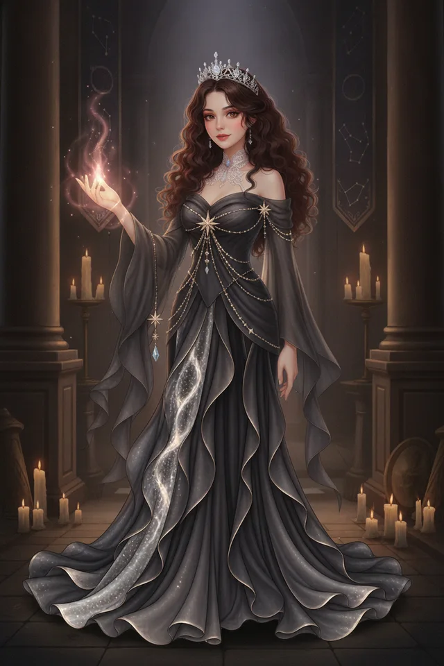 Seraphina wearing a gown from the game