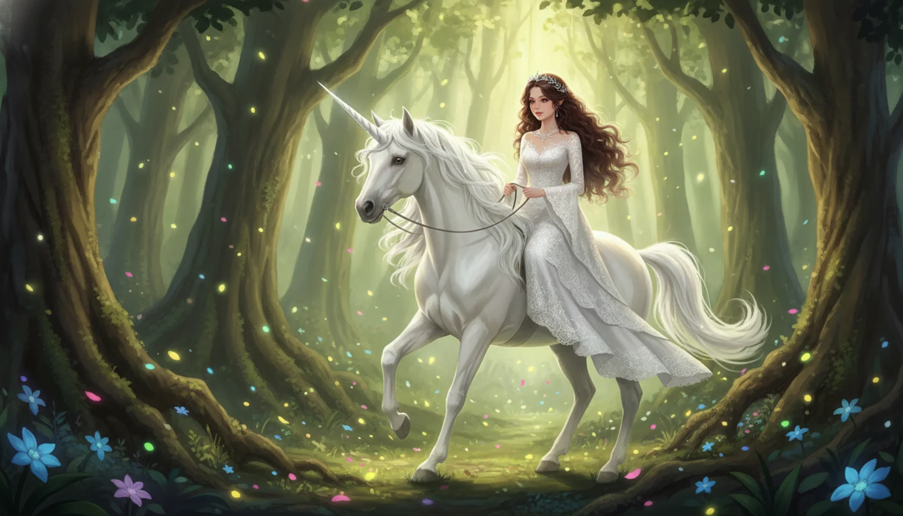 Seraphina riding a white horse through a flower meadow toward the palace