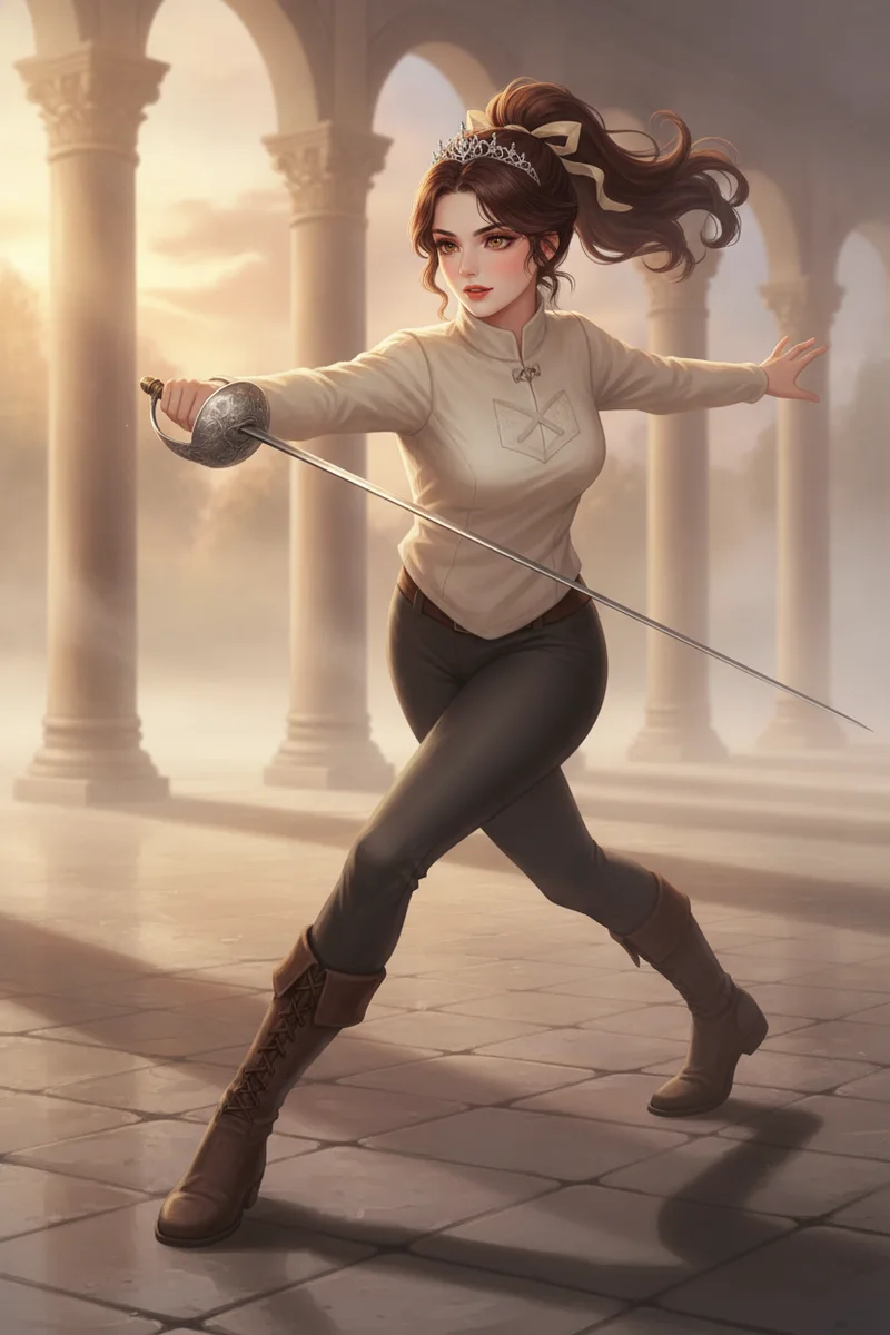 Seraphina training with a rapier at dawn