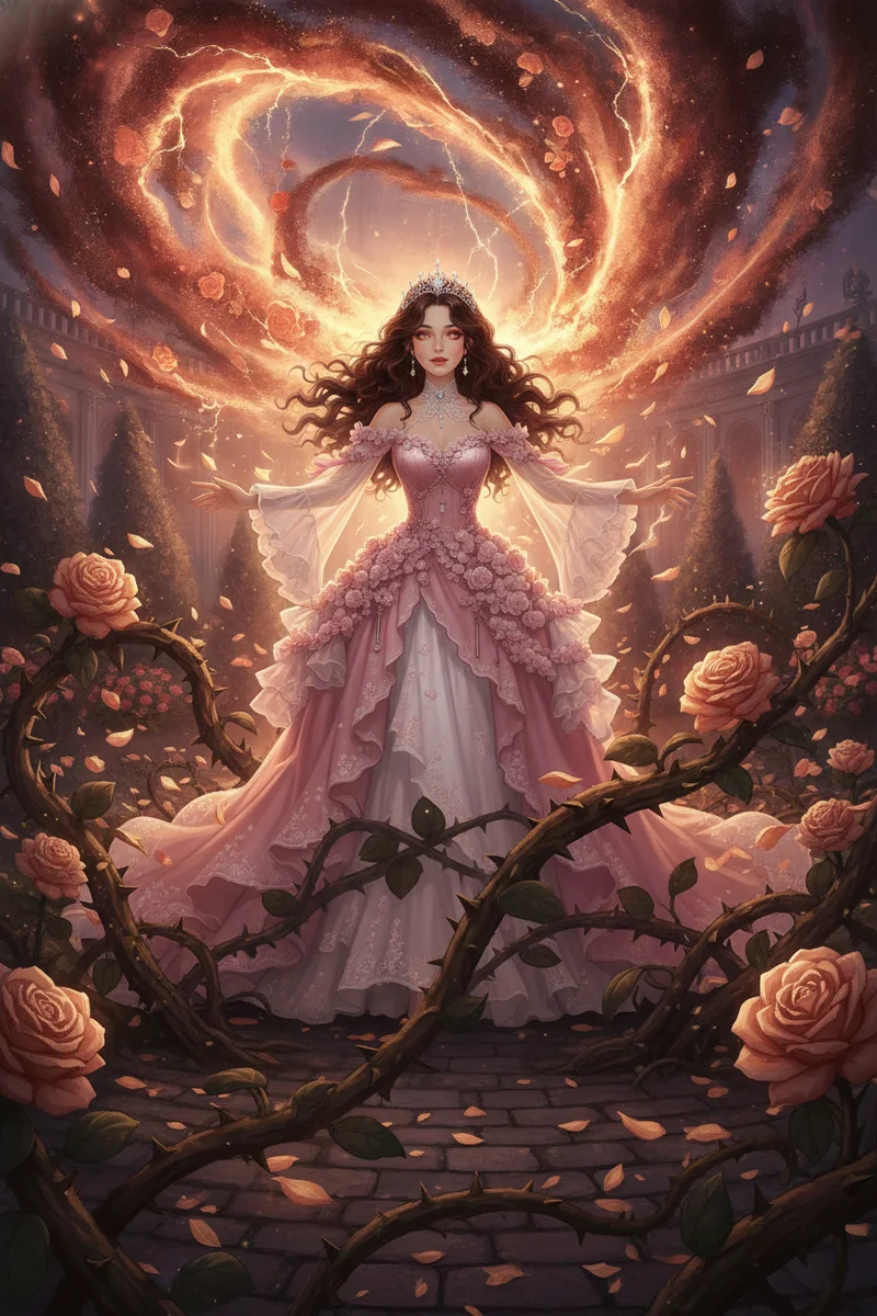 Seraphina surrounded by a storm of light and thorned roses