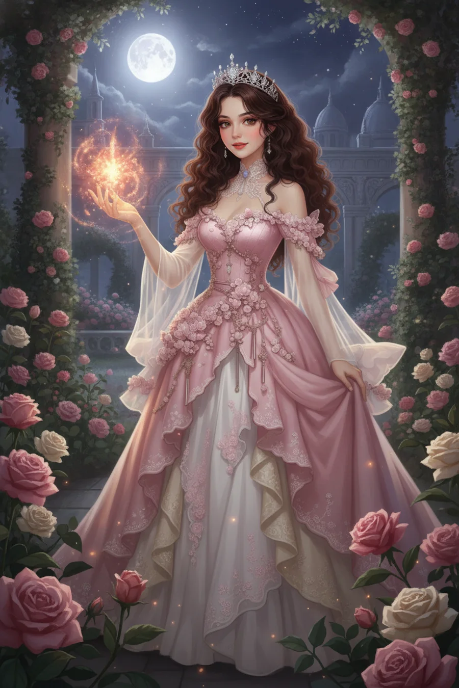 Princess Seraphina with golden light in her hand, roses blooming around her